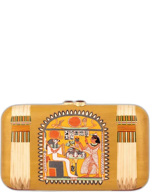 18k Yellow Gold Rectangular Marquetry Clutch With Egyptian Motif And Red Agate