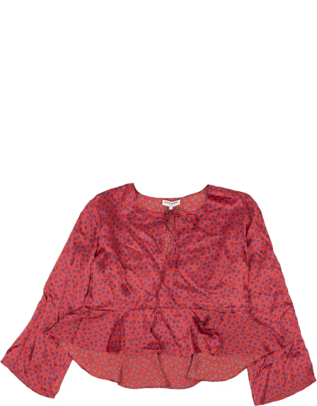 Silk Cropped Floral Flounce Blouse