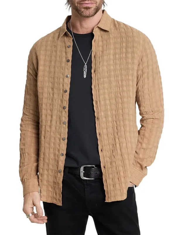 Button Slim Fit Shirt With Unique Puckered Check Pattern And Transparent Effect