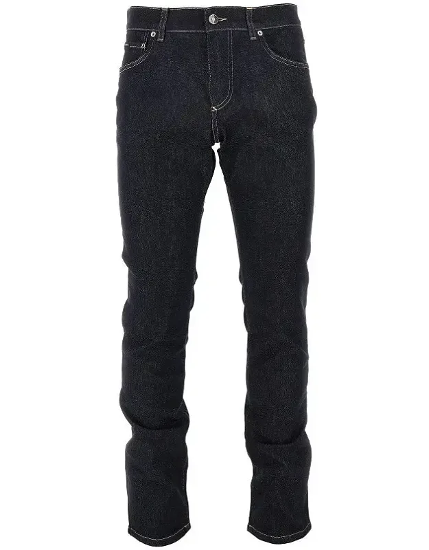Stretch Denim Slim Fit Jeans With Contrasting Seams And Leather Patch