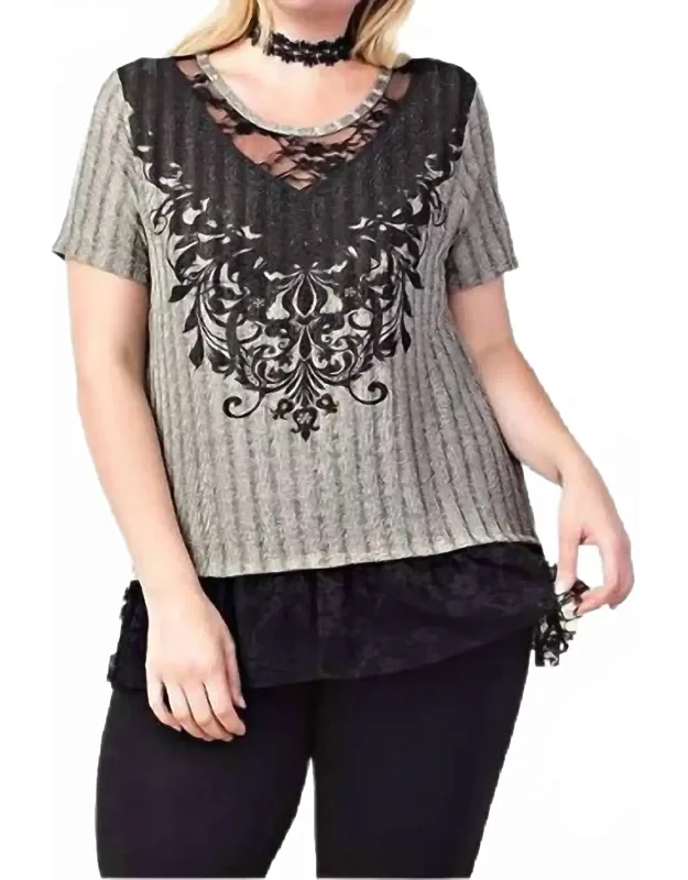 Scroll Lace Rhinestone V-neck Top