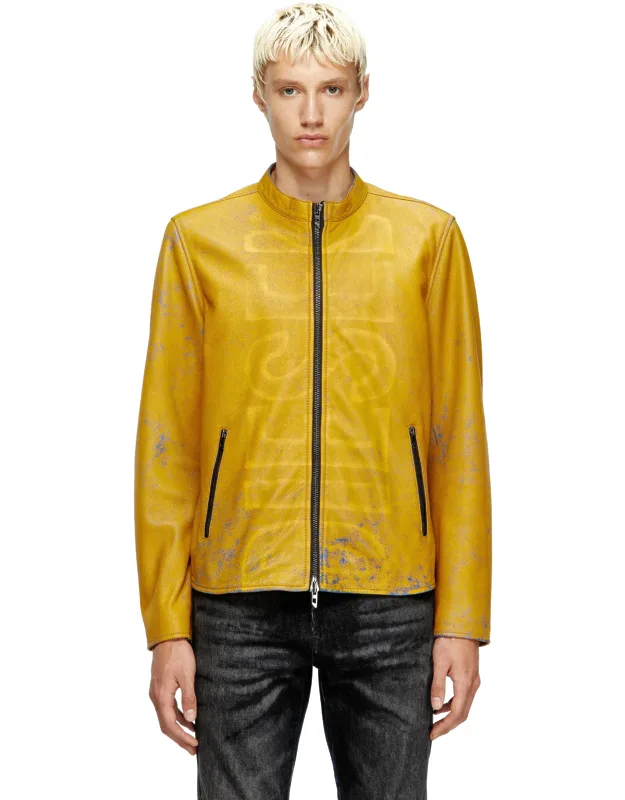 Treated Leather Biker Jacket With Faded Logo