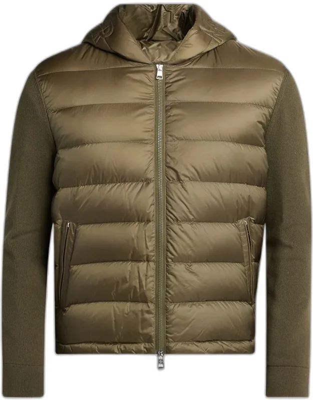 Padded Nylon Knit-sleeve Hooded Cardigan