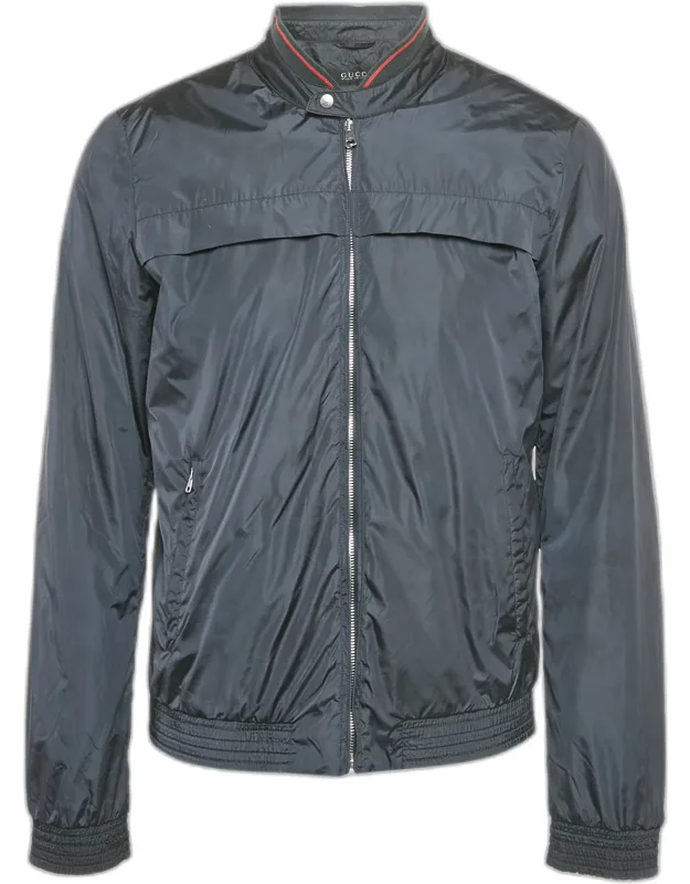 Midnight Blue Synthetic Zip Front Bomber Jacket