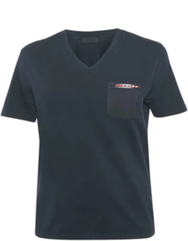 Midnight Blue Cotton Rubber Logo Nylon Pocket V-neck T-shirt