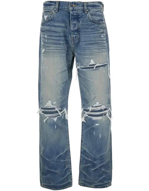 Jeans With Ripped Details On The Front And Logo Patch On The Rear In Denim