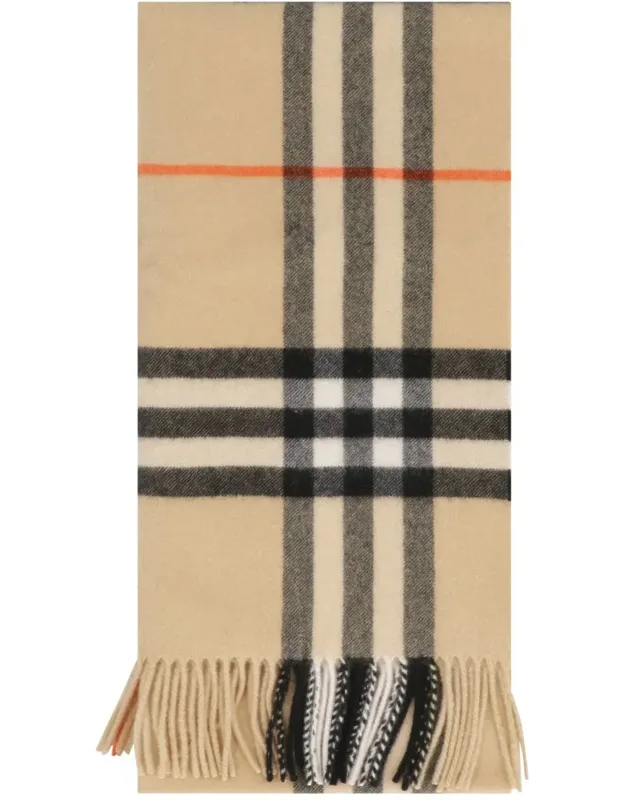 Cashmere Scarf With Check Motif And Fringed Edges