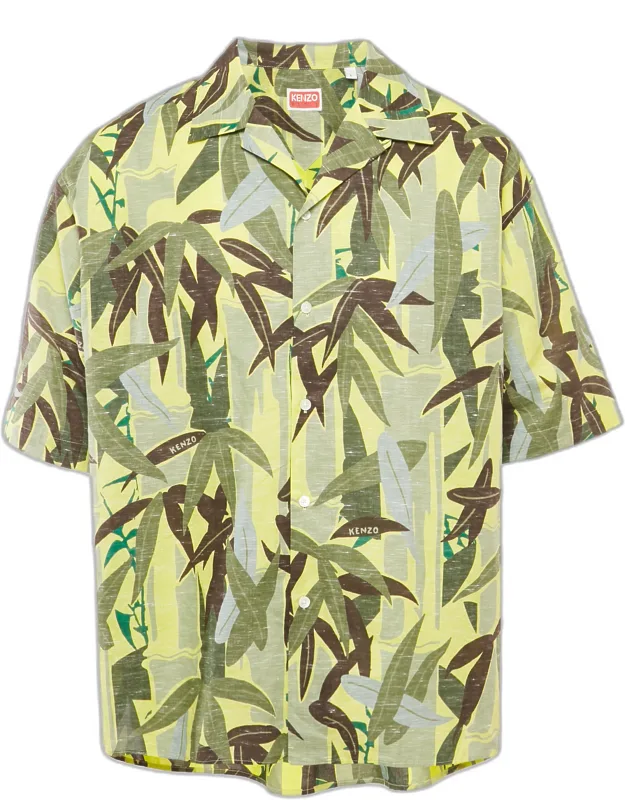 Leaf Print Cotton Blend Short Sleeve Shirt