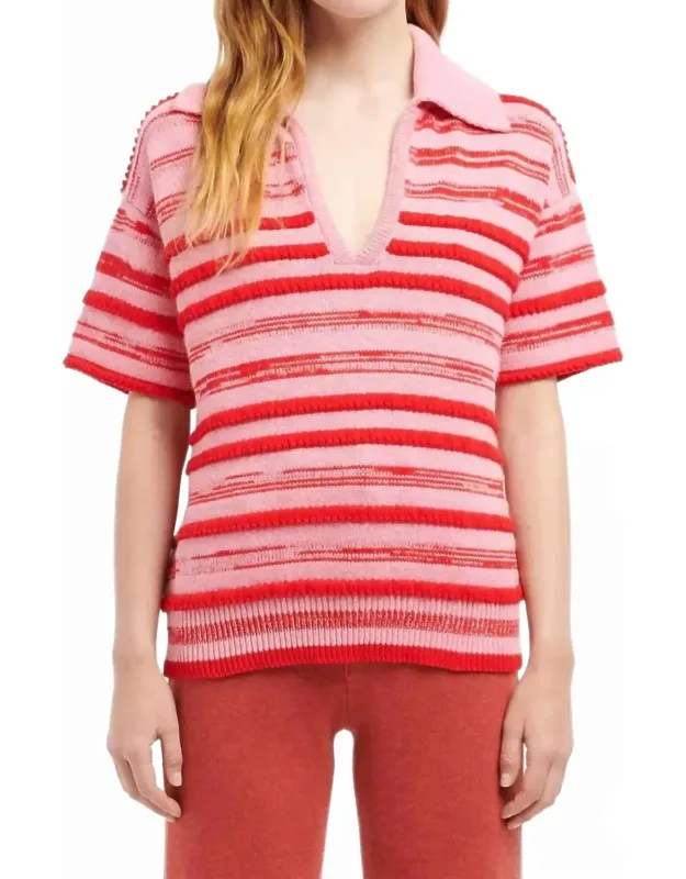 Polo Top With Vibrant Stripes And V-neckline