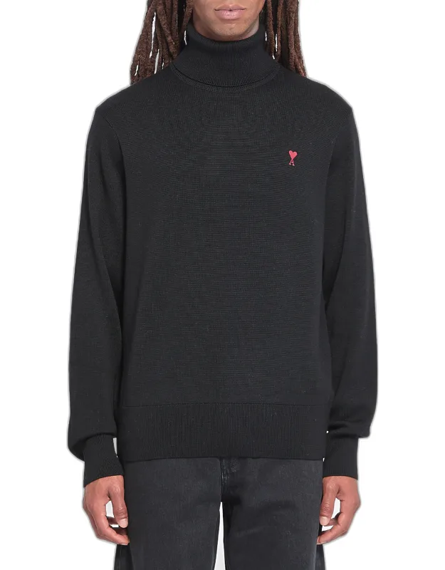 Ami De Coeur Turtleneck Sweater In Fine Merino Wool With Ribbed High Collar And Red Embroidery