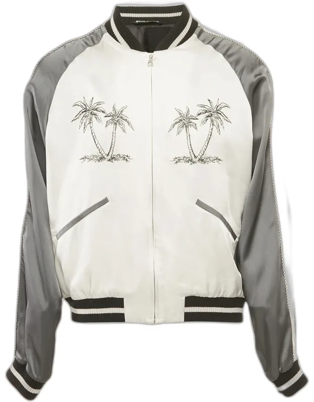 Embroidered Satin Zip-up Bomber Jacket