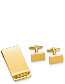 Gold-tone Rectangular Engravable Cuff Links And Money Clips Set