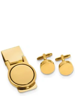 Gold-tone Circular Design Engravable Cuff Links And Money Clips Set