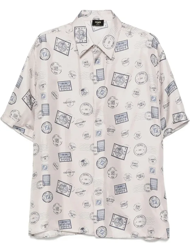 Postage Stamp-print Silk Shirt