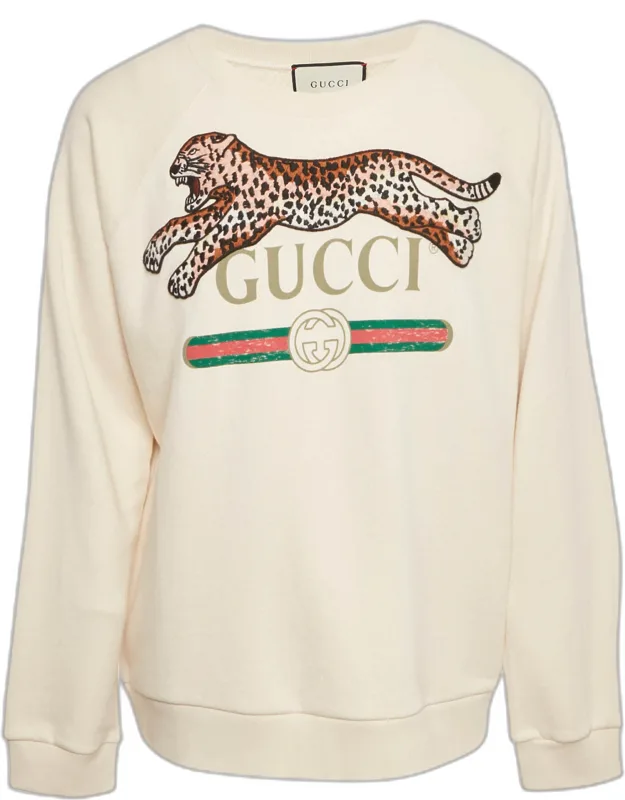 Cream Leopard Applique Cotton Knit Sweatshirt