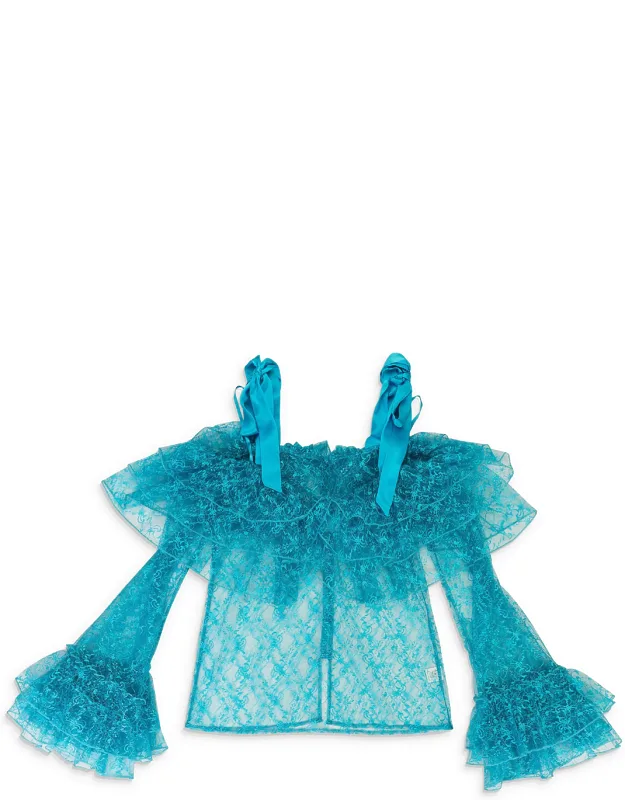 Floral Lace Tulle Tiered Off The Shoulder Blouse