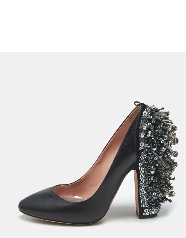 Leather Crystal Embellished Block Heel Pumps