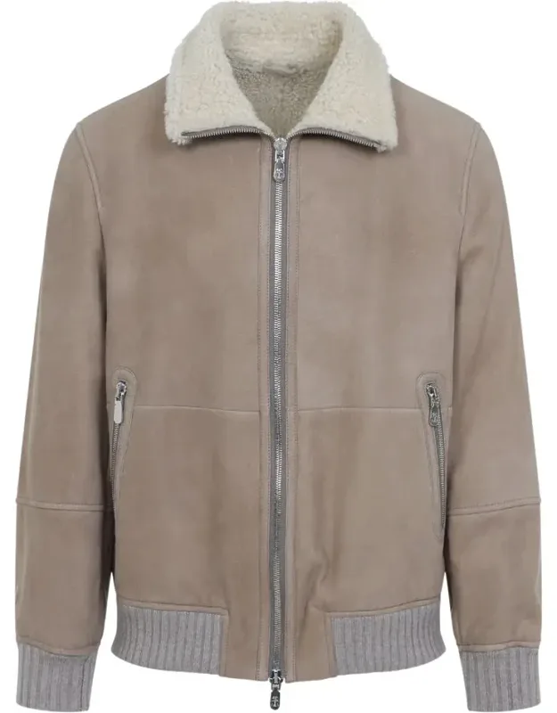 Jacket With Shearling Collar And Two Front Zip Pockets