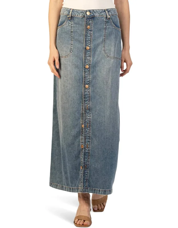 Liora Button Front Long Denim Skirt