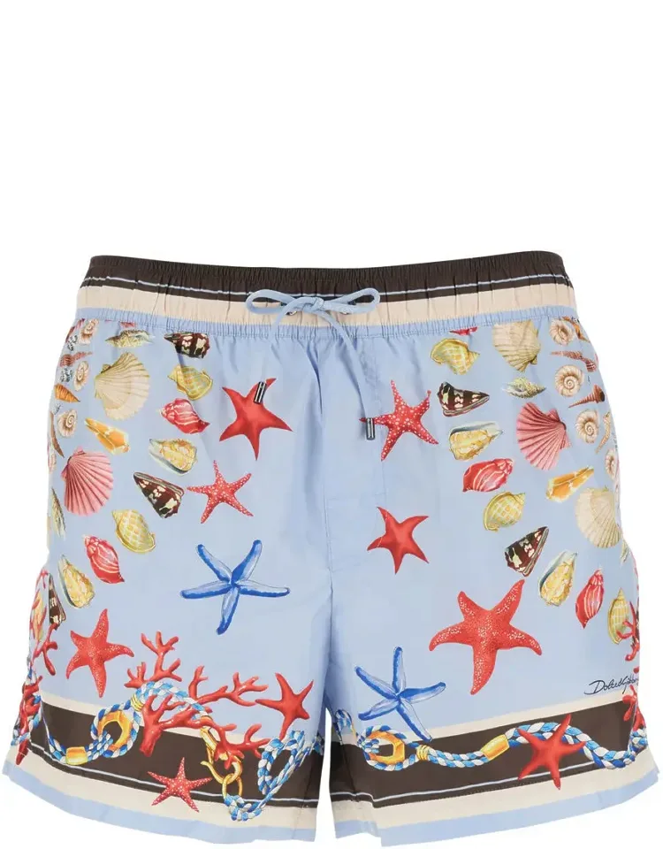 Light Blue Swim Shorts With Drawstring Elastic Waist And All-over Print In Tech Fabric