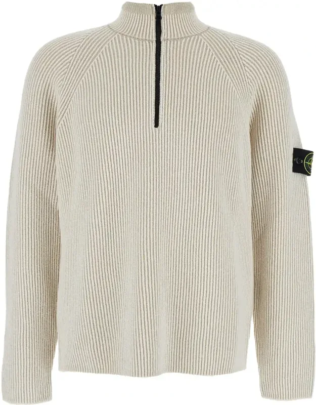 White Sweater With Logo Patch On The Sleeve And Front Half Zip Closure In Wool Stretch