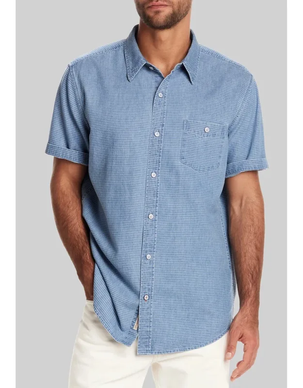 Weatherproof Traditional Fit Horizontal Stripe Short Sleeve Denim Casual Shirt