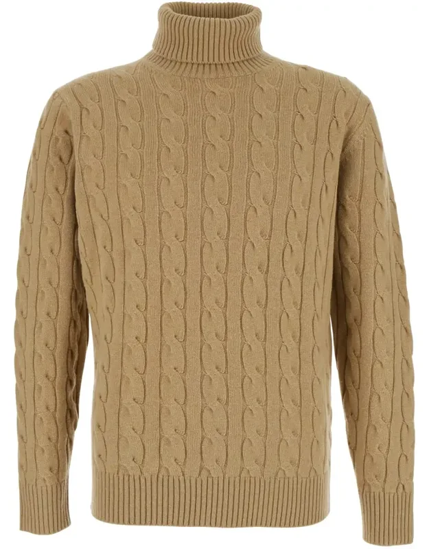 Turtleneck Sweater With Braided Design In Wool