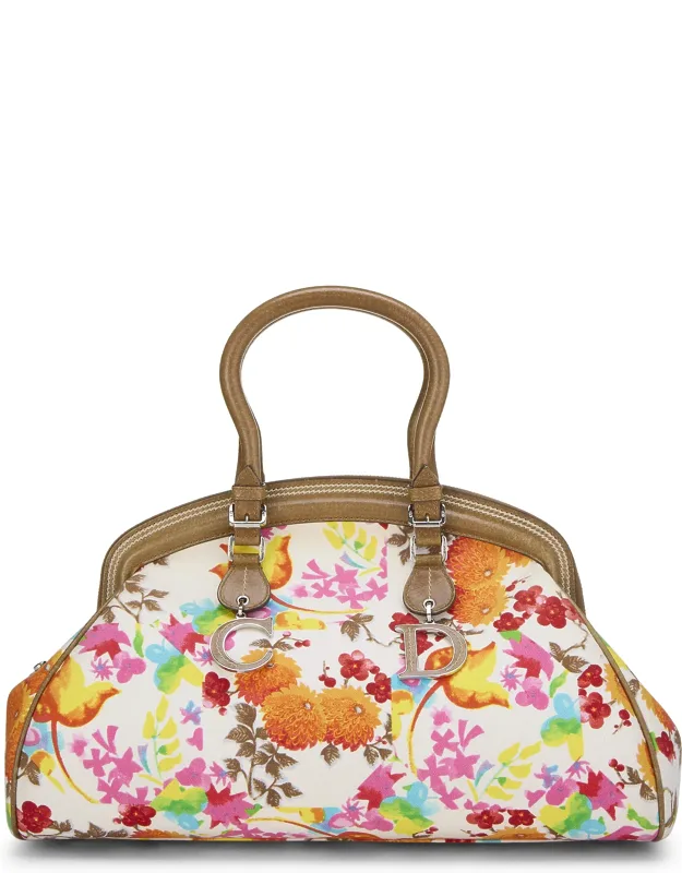 Multicolored Floral Canvas Frame Satchel Handbag