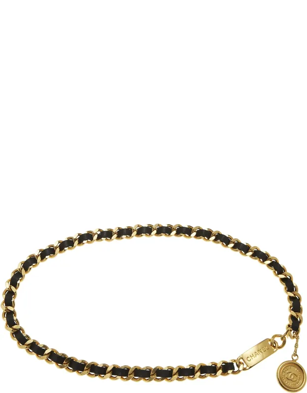 Gold & Black Leather 'cc' Medallion Chain Belt