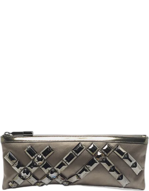 Satin Crystal Embellished Top Zip Clutch