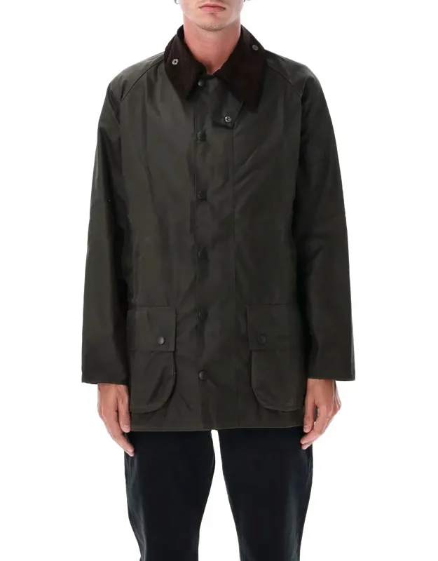 Barbour Beaufort Wax Jacket With Corduroy Collar And Two Large Bellow Pockets