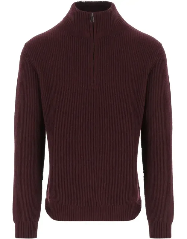 Bordeaux Sweater With Front Zipper And Rib Knitting