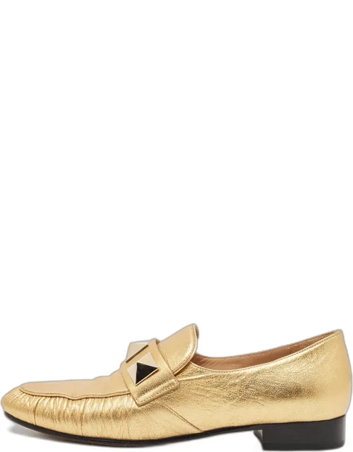 Metallic Gold Leather Rockstud Slip On Loafers