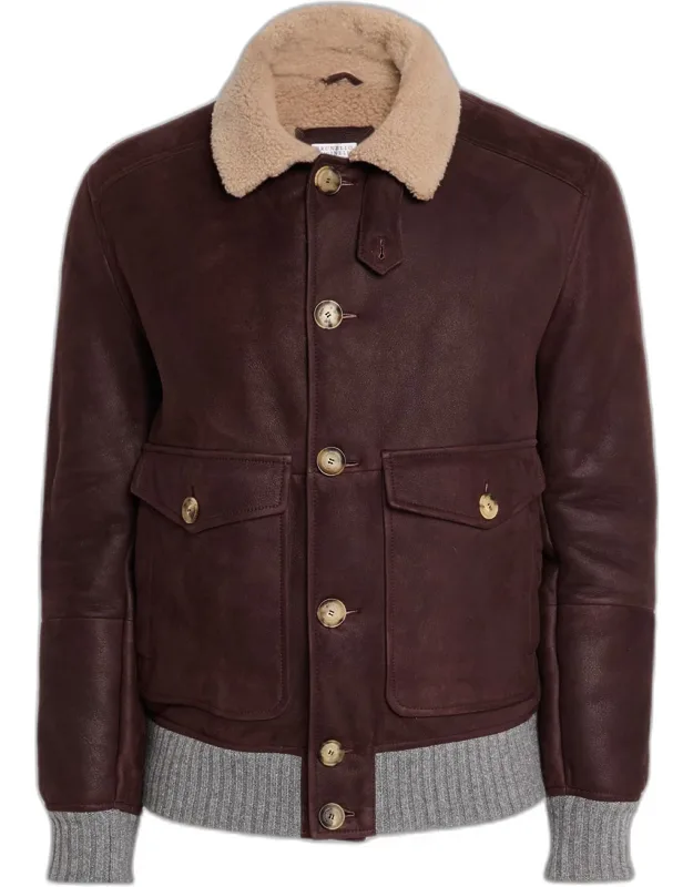 Distressed Suede Shearling-collar Bomber Jacket