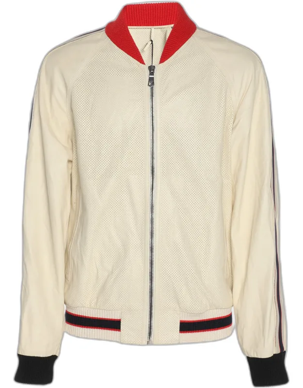 Perforated Leather Logo Print Bomber Jacket