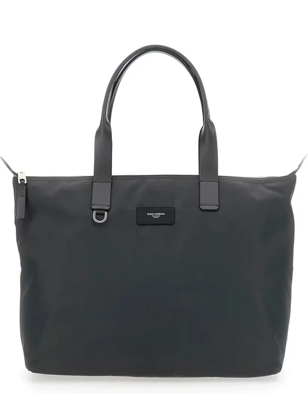 Tote Bag With Two Top Handles And Logo Plaque On The Front In Tech Fabric