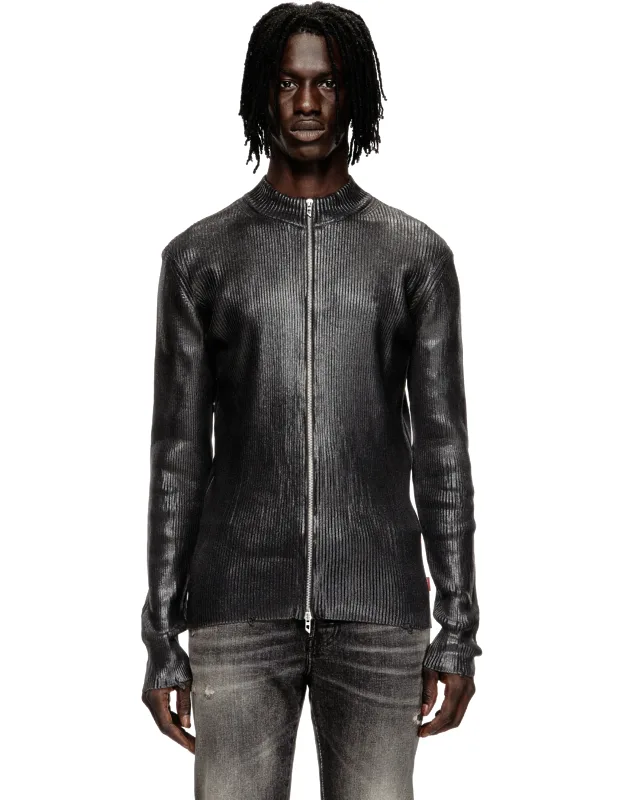 Denim-yarn Zip Cardigan With Shiny Effect