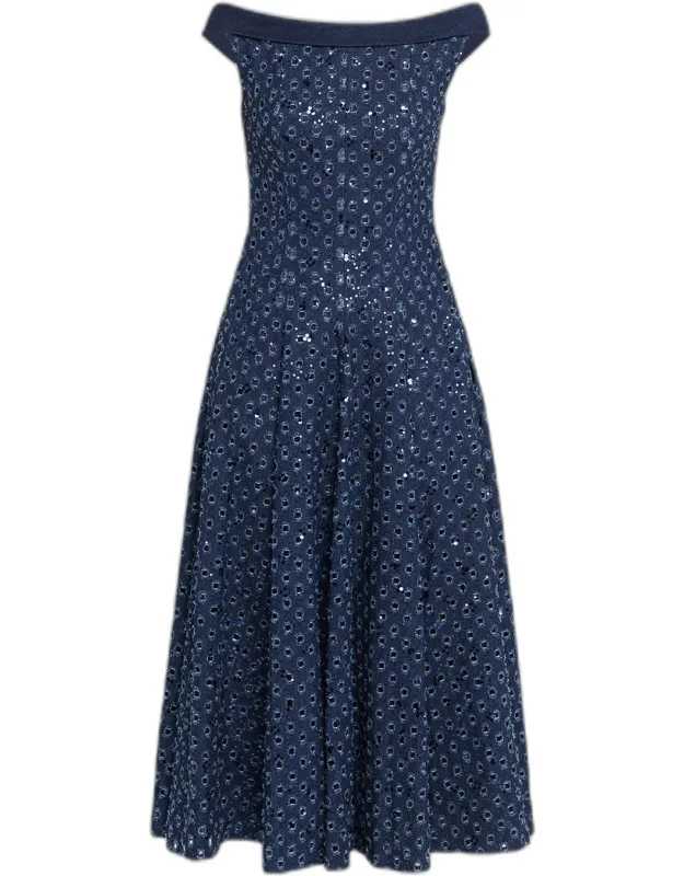 Sequin Denim Fit & Flare Midi Dress