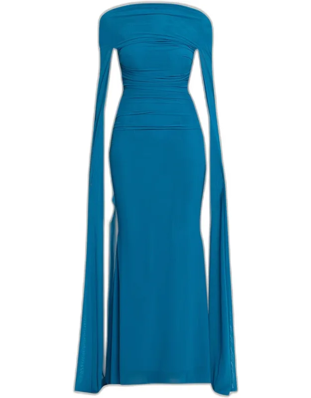 Ruched Mesh Cape Evening Gown
