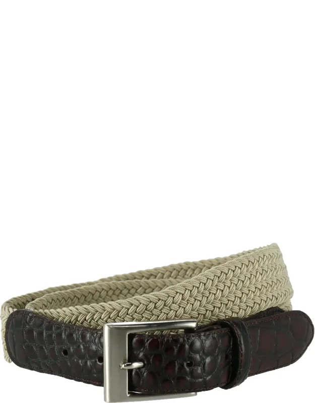 Braided Elastic Stretch Belt With Croc Print End Tabs