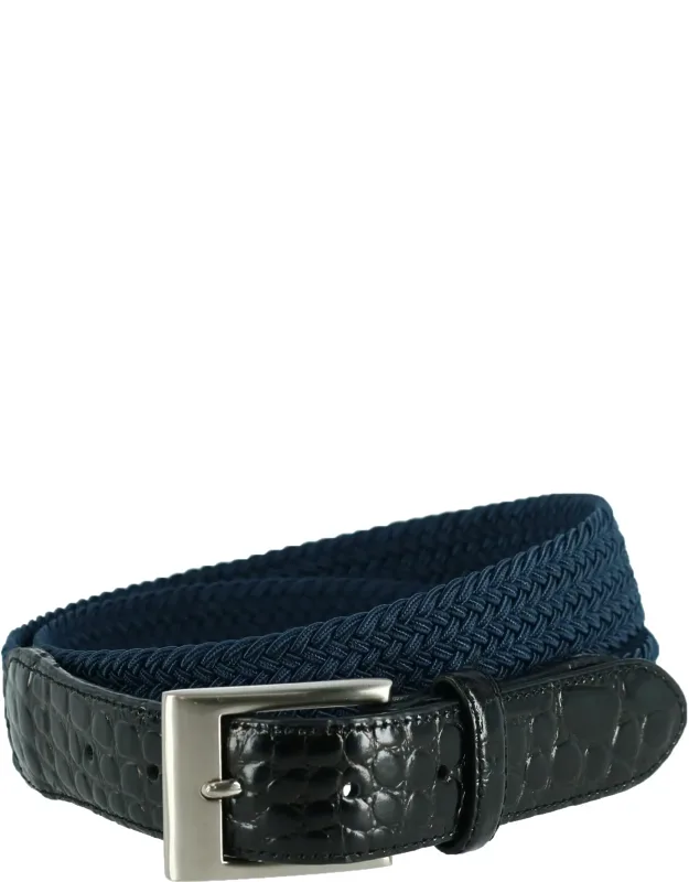 Braided Elastic Stretch Belt With Croc Print End Tabs