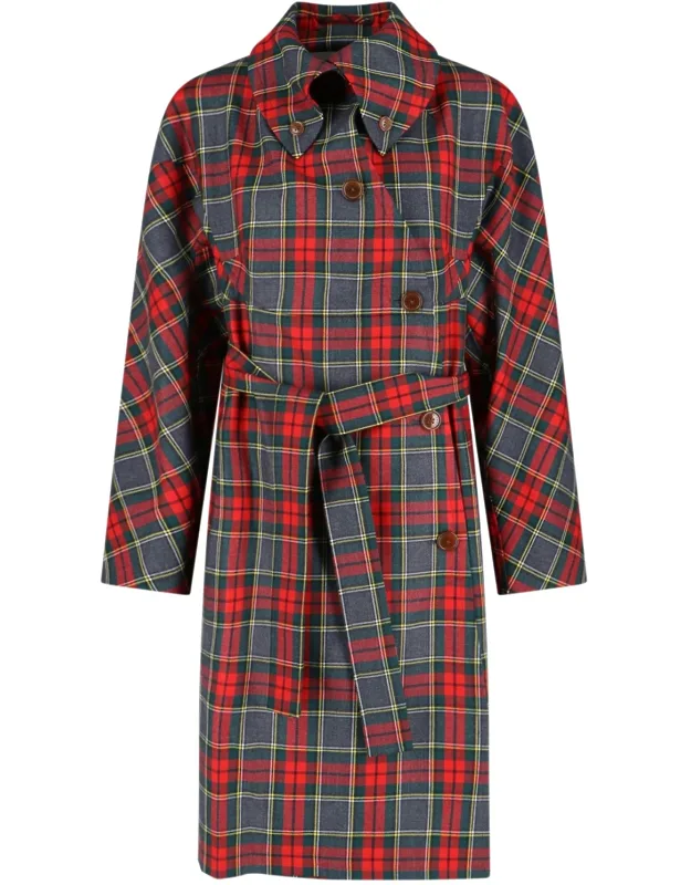'cj Double-breasted Coat With Adjustable Belt And Tartan Pattern'