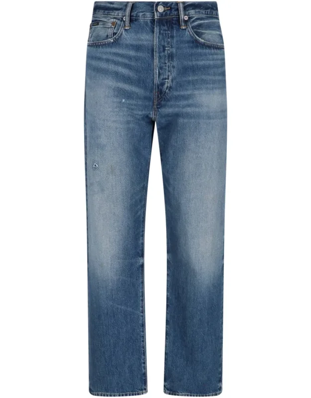 Straight Jeans With Distressed Wash And Mid Waist