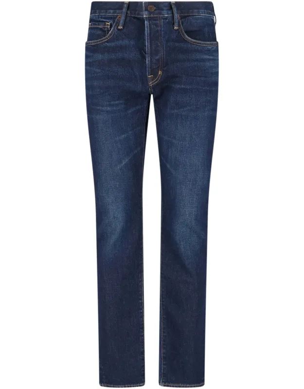 Slim Jeans With Usured Wash And Mid Waist