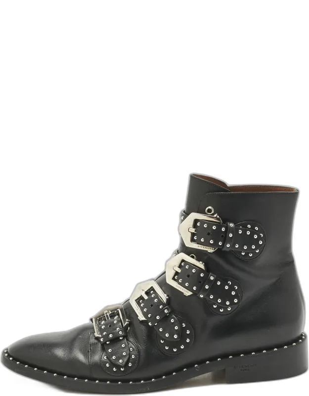 Leather Studded Buckle Detail Ankle Boots