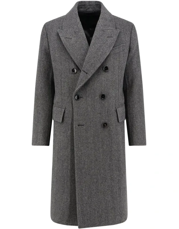 Double-breasted Wool Coat With Herringbone Motif