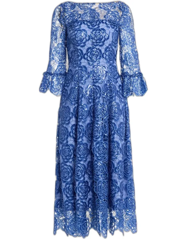 Paillette Rose Lace 3/4-sleeve Midi Dress