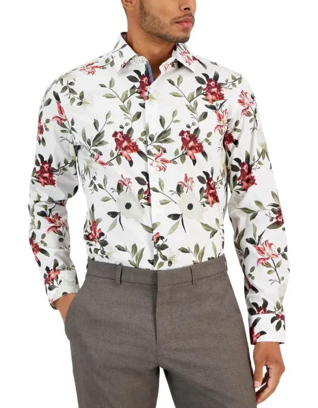 Dress Shirt White Floral Slim-fit Oxford