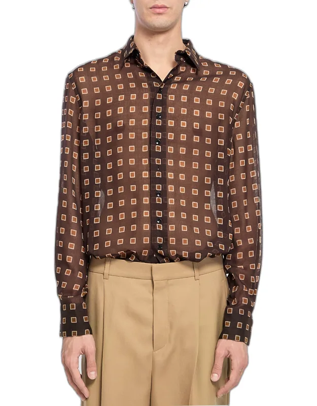 _shirt With Geometric Pattern, Pointed Collar, Buttoned Cuffs_