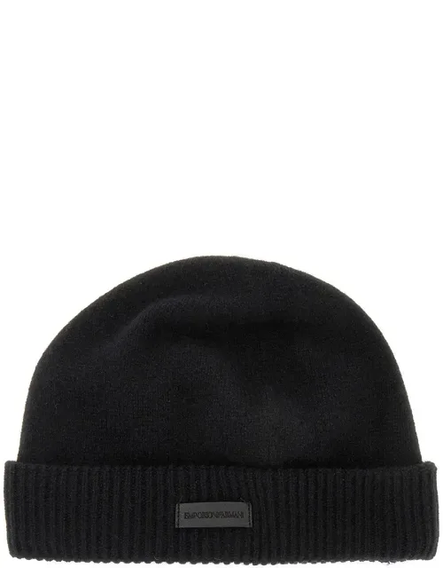 Cashmere Beanie Hat With Leather Logo Patch